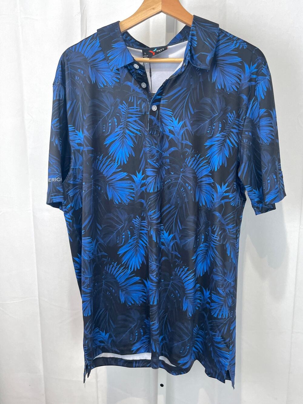 NWT YATTA Golf Polo Shirt Palm Leaf Print Stretch Midnight Blue Size L